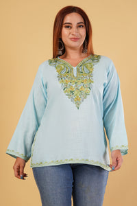 Kashmiri Aari embroidery Cotton Short Kurti Size-44(Sky Blue)