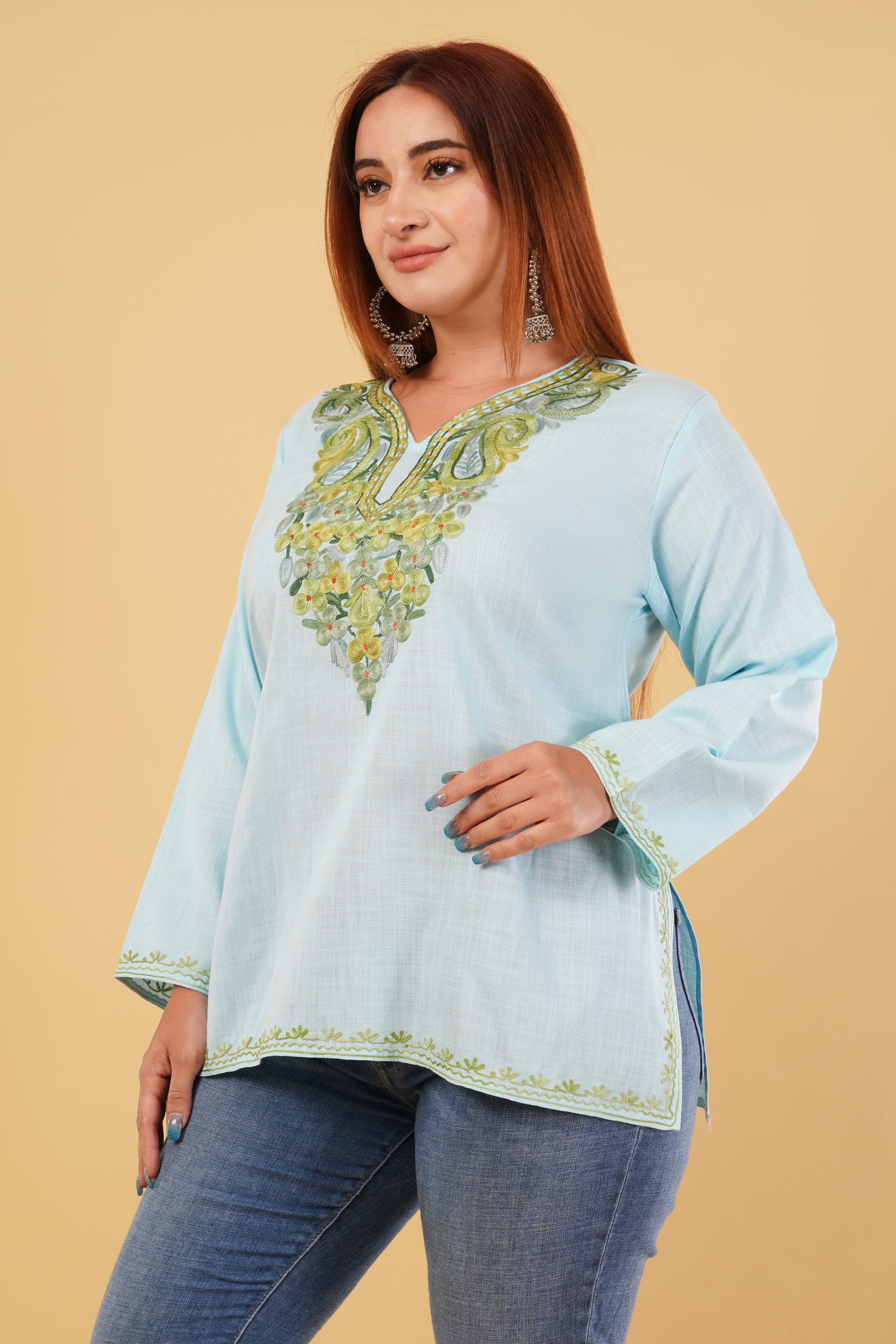 Kashmiri Aari embroidery Cotton Short Kurti Size-44(Sky Blue)