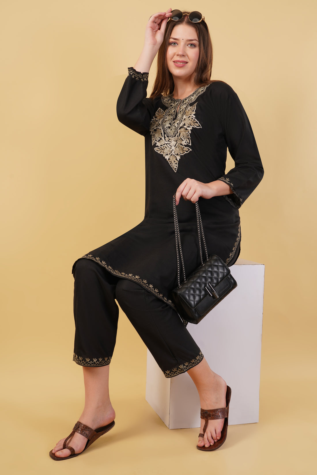 Kashmiri Aari embroidery Cotton Co-ord set Size-40 (Black)