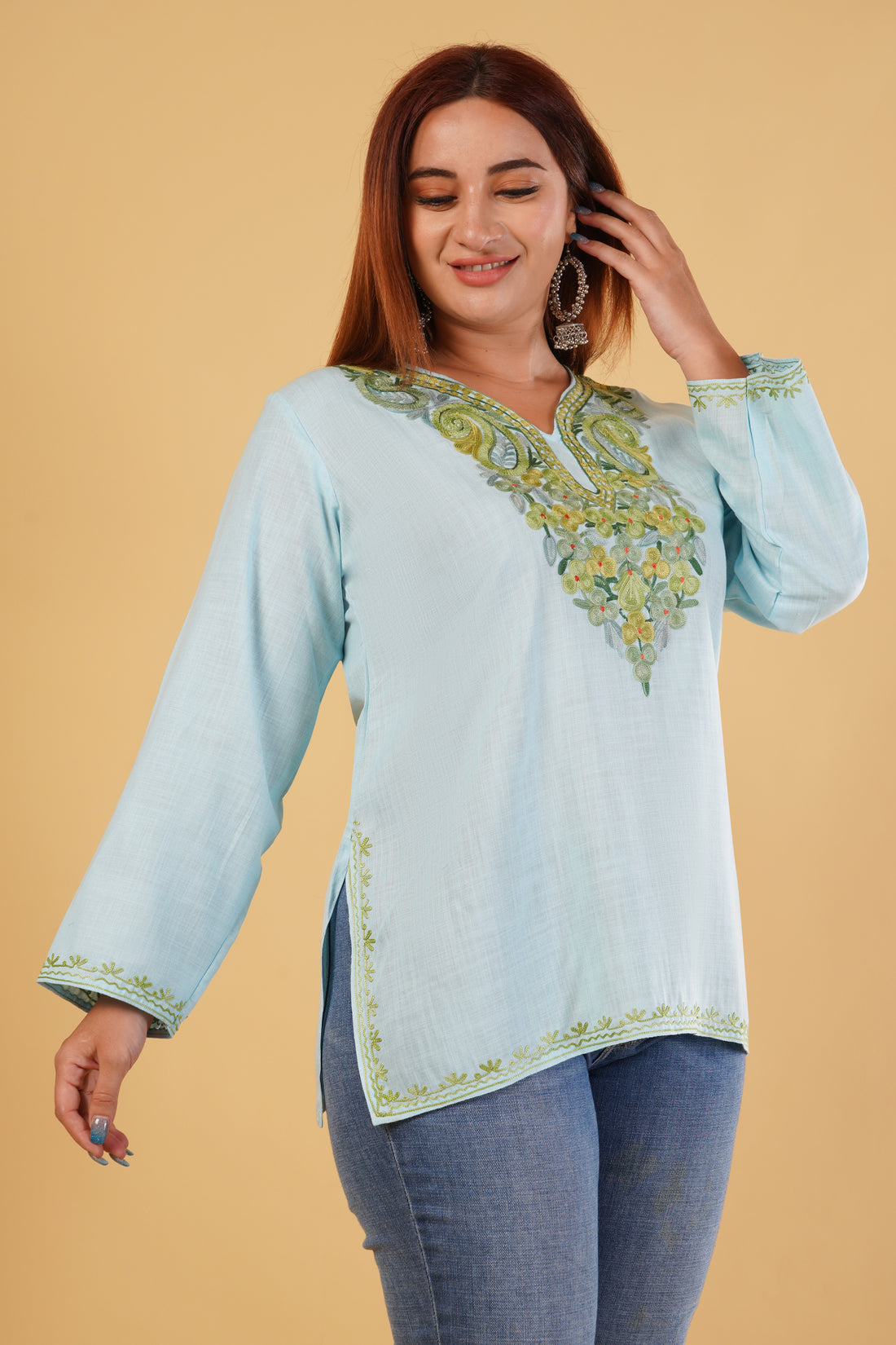 Kashmiri Aari embroidery Cotton Short Kurti Size-44(Sky Blue)