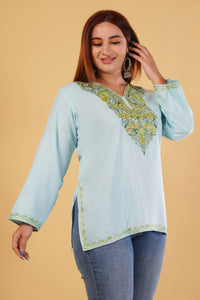 Kashmiri Aari embroidery Cotton Short Kurti Size-44(Sky Blue)