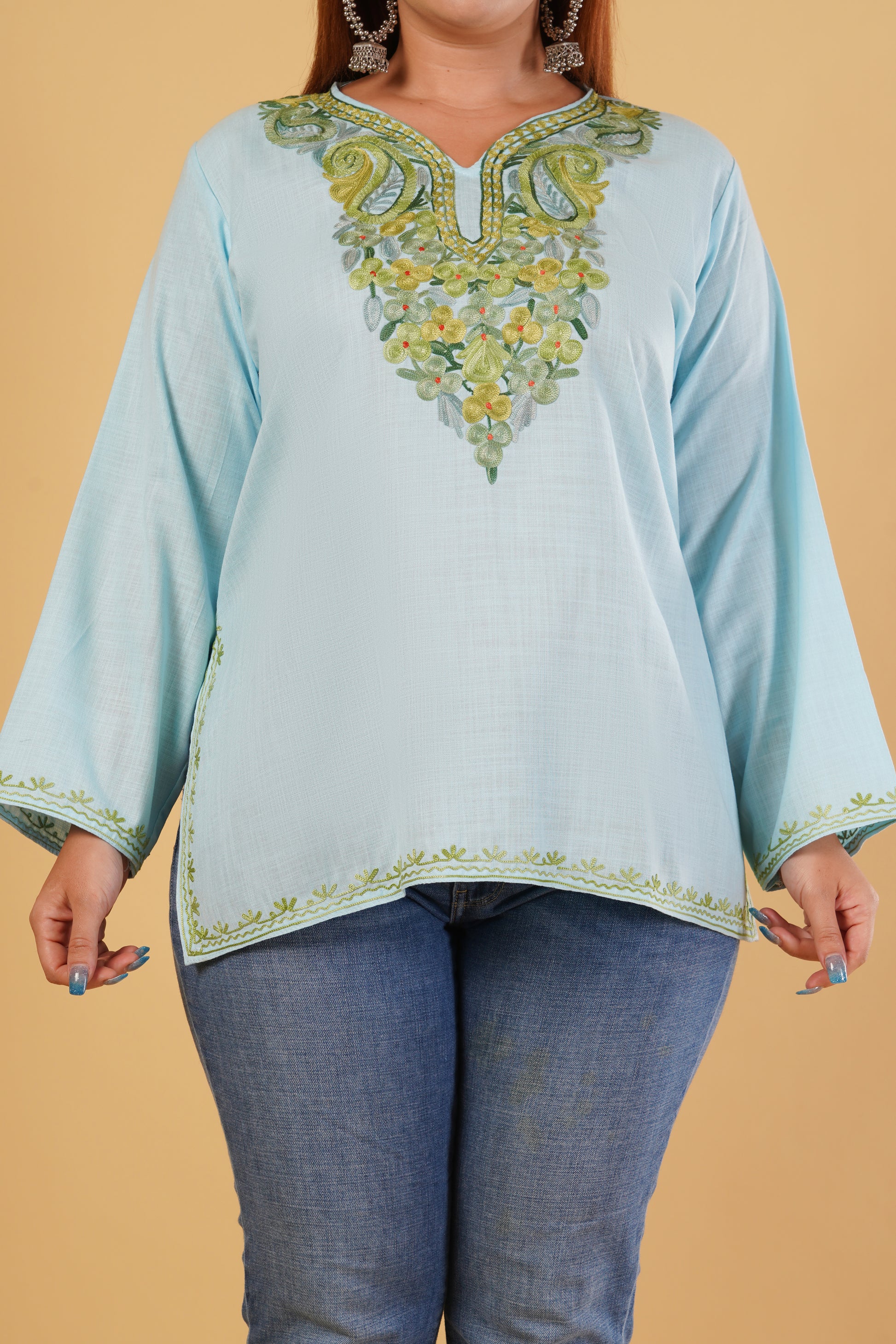 Kashmiri Aari embroidery Cotton Short Kurti Size-44(Sky Blue)