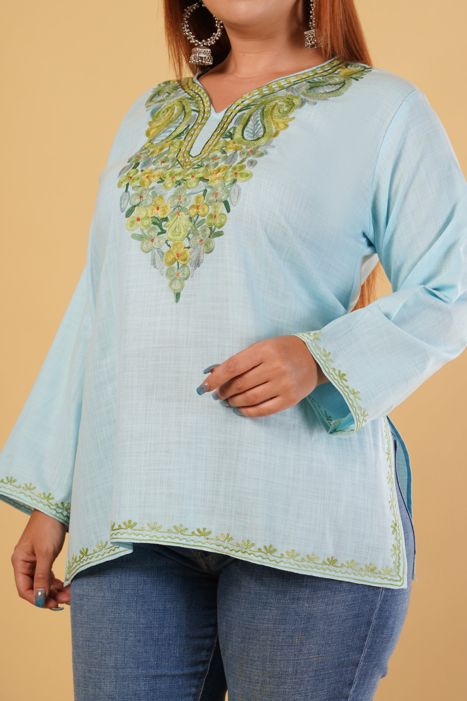 Kashmiri Aari embroidery Cotton Short Kurti Size-44(Sky Blue)