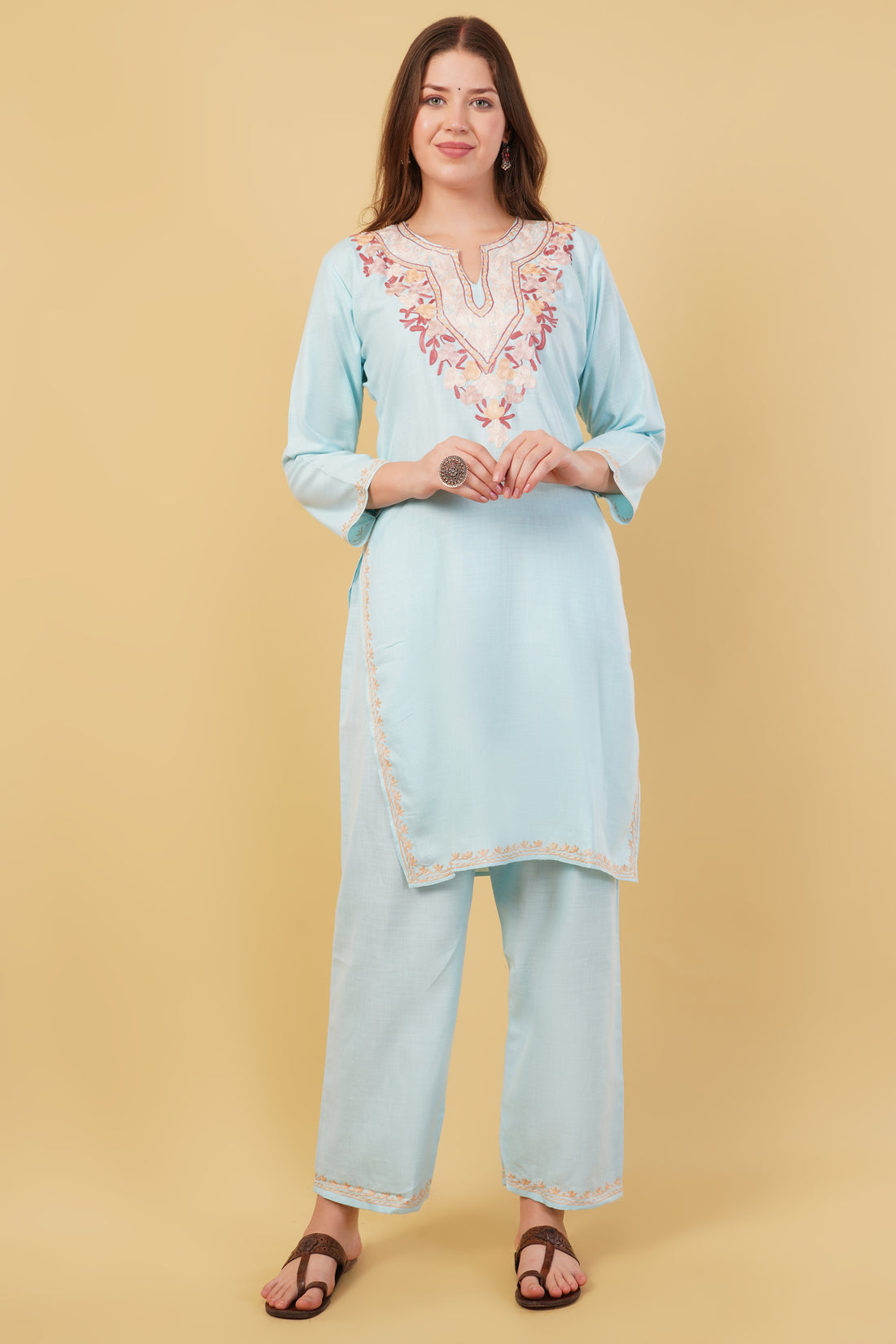 Kashmiri Aari embroidery Cotton Co-ord set Size-40 (Sky Blue)