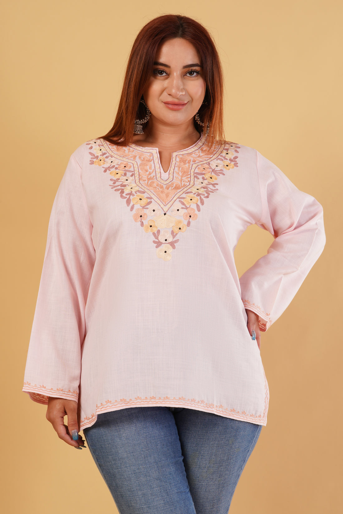 Kashmiri Aari embroidery Cotton Short Kurti Size-44(Baby Pink)