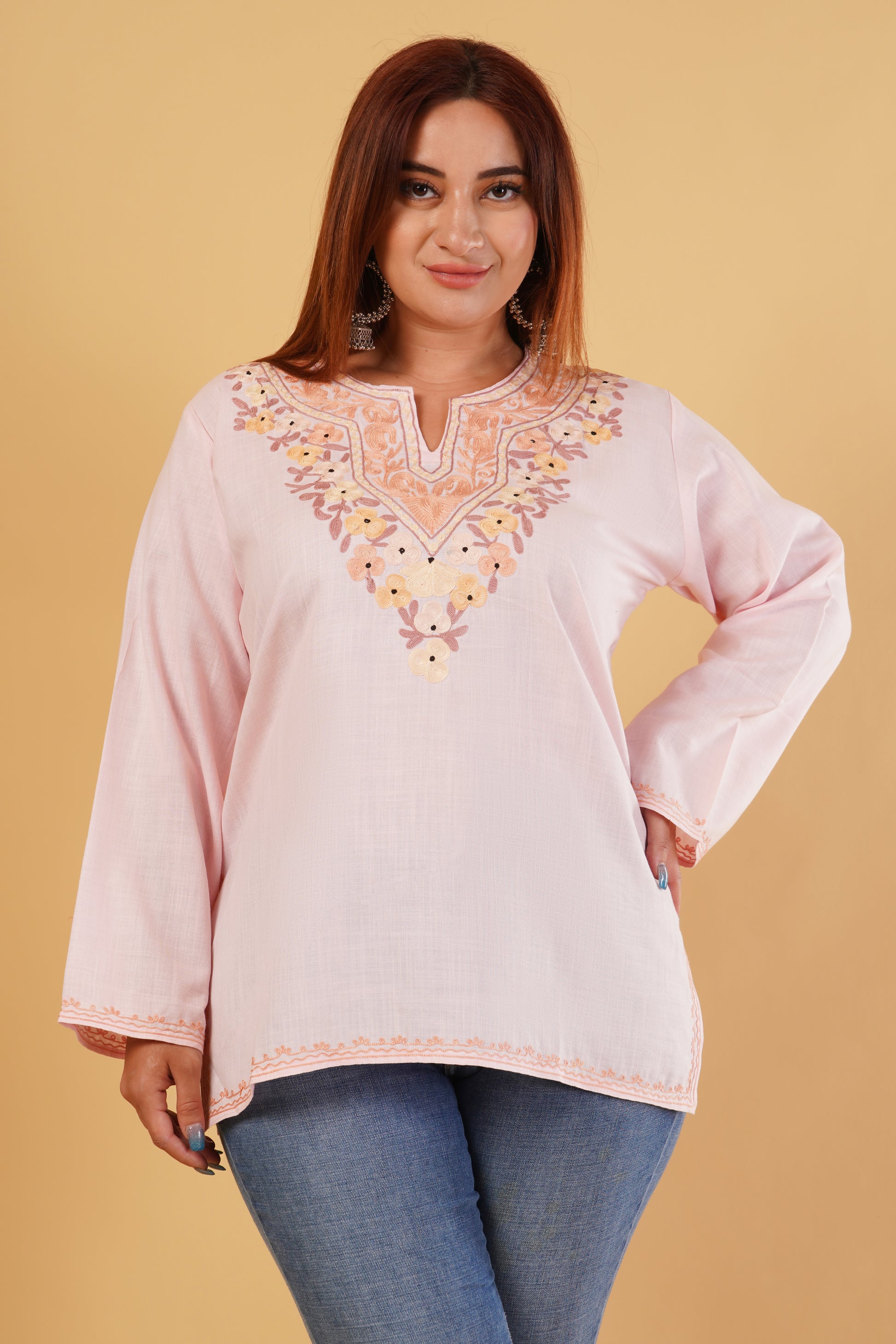 Kashmiri Aari embroidery Cotton Short Kurti Size-44(Baby Pink)