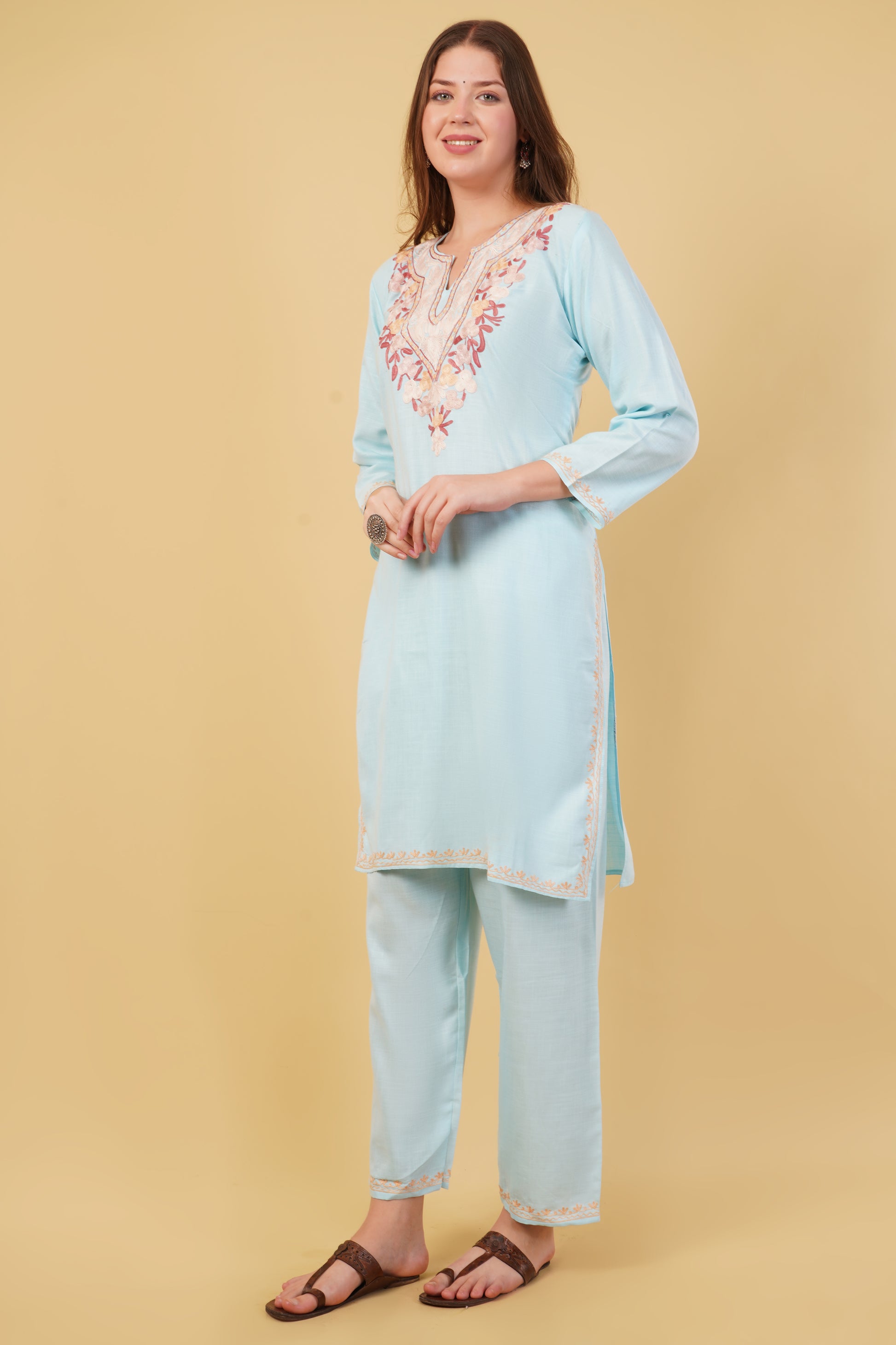 Kashmiri Aari embroidery Cotton Co-ord set Size-40 (Sky Blue)