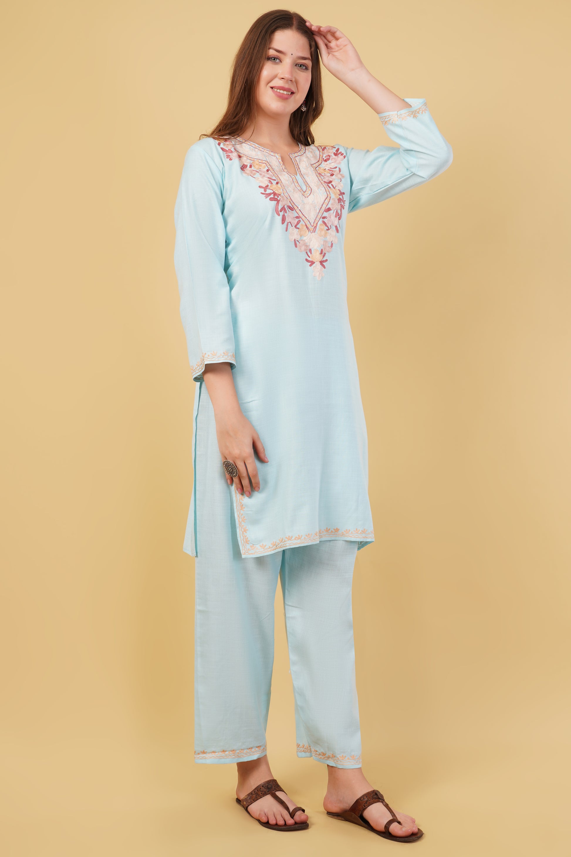 Kashmiri Aari embroidery Cotton Co-ord set Size-40 (Sky Blue)