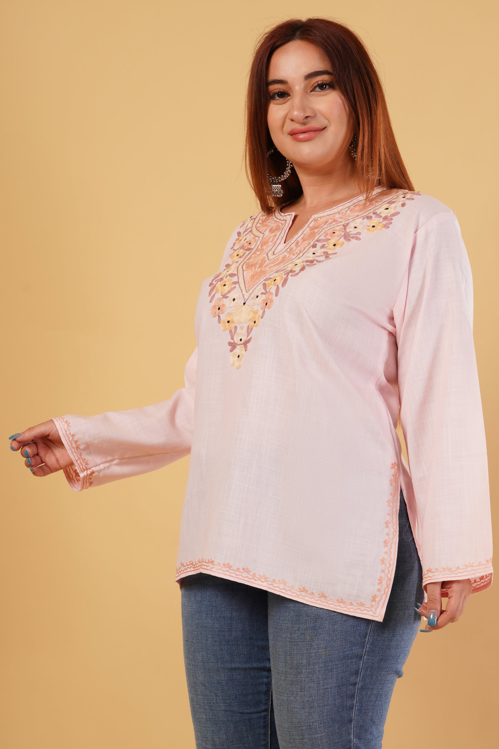 Kashmiri Aari embroidery Cotton Short Kurti Size-44(Baby Pink)