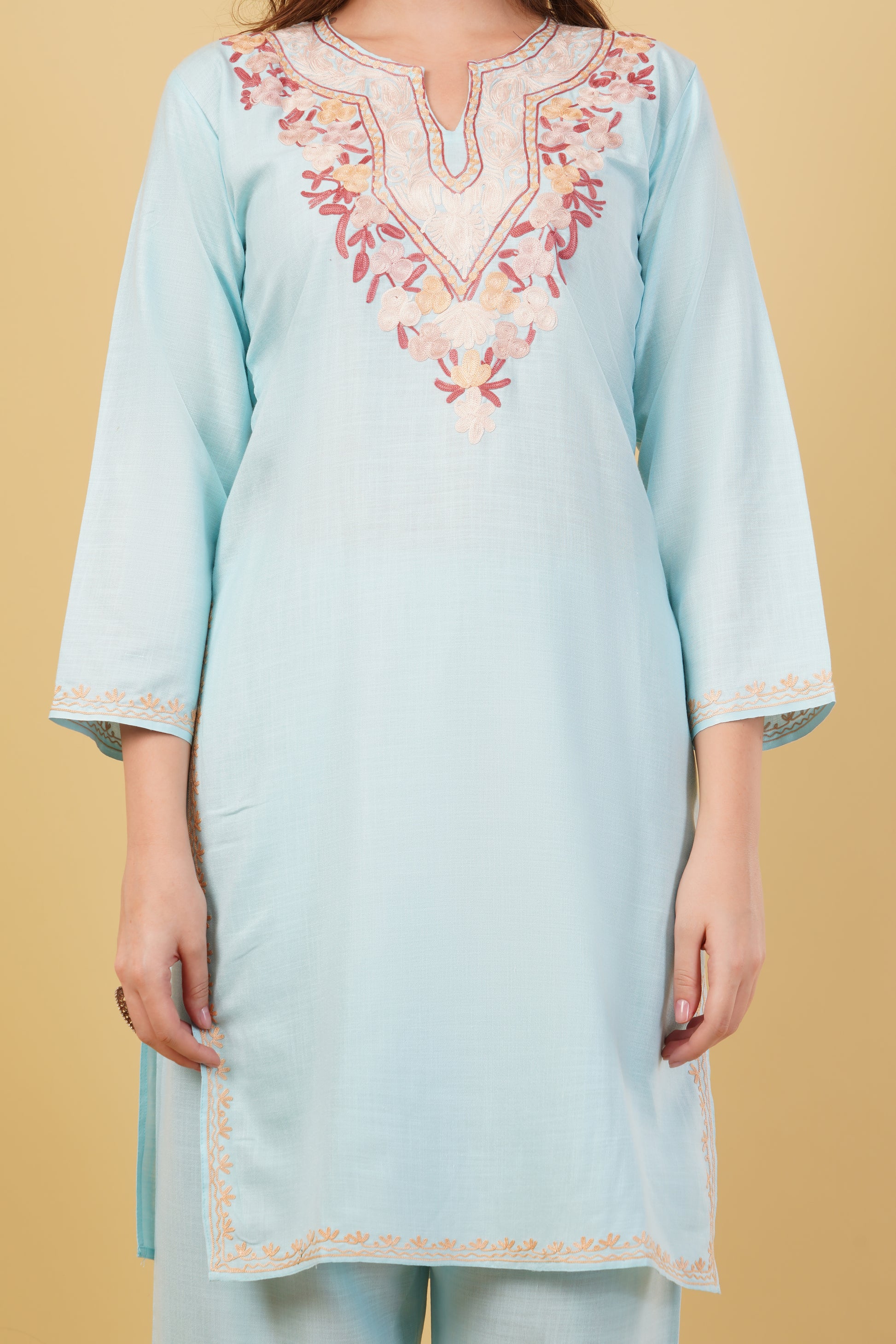 Kashmiri Aari embroidery Cotton Co-ord set Size-40 (Sky Blue)