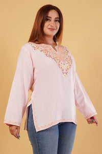 Kashmiri Aari embroidery Cotton Short Kurti Size-44(Baby Pink)