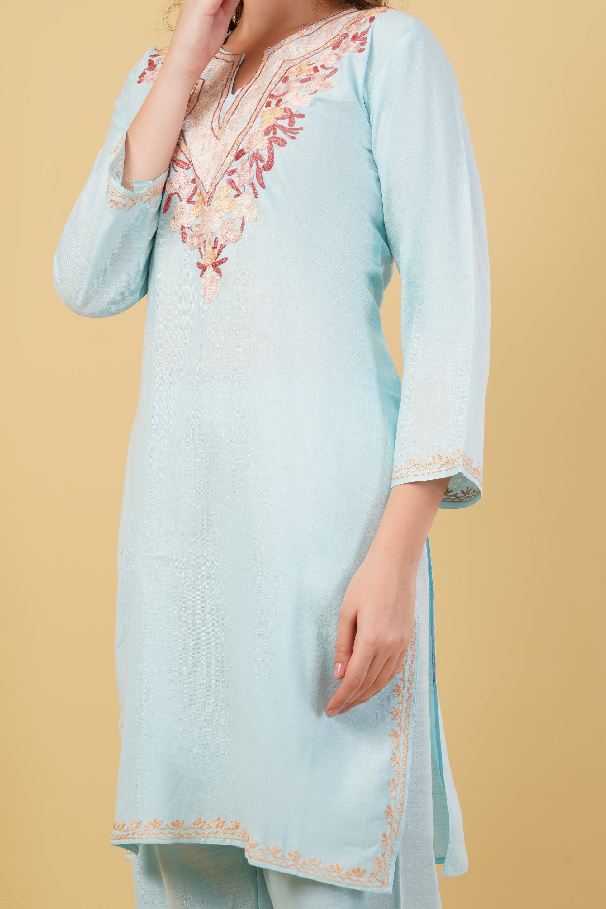 Kashmiri Aari embroidery Cotton Co-ord set Size-40 (Sky Blue)