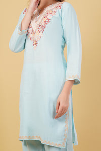 Kashmiri Aari embroidery Cotton Co-ord set Size-40 (Sky Blue)