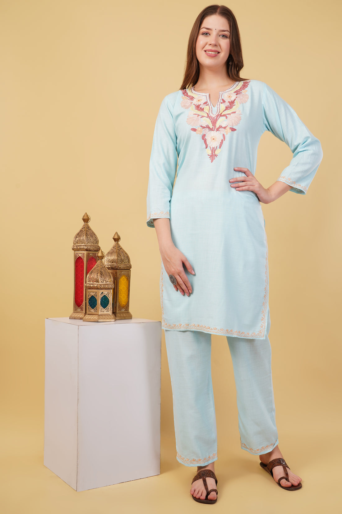Kashmiri Aari embroidery Cotton Co-ord set Size-40 (Sky Blue)