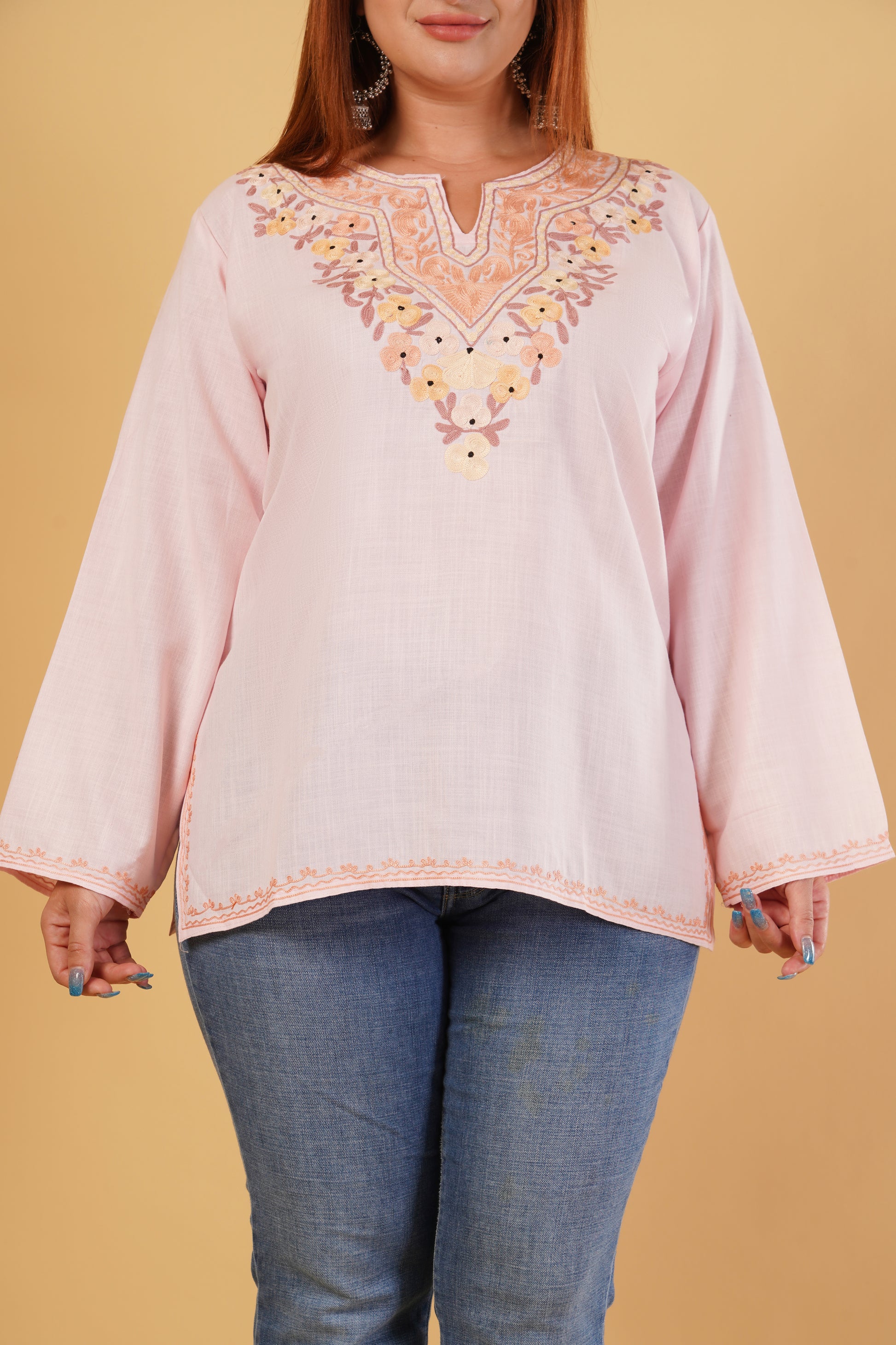 Kashmiri Aari embroidery Cotton Short Kurti Size-44(Baby Pink)