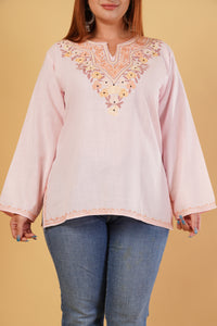 Kashmiri Aari embroidery Cotton Short Kurti Size-44(Baby Pink)