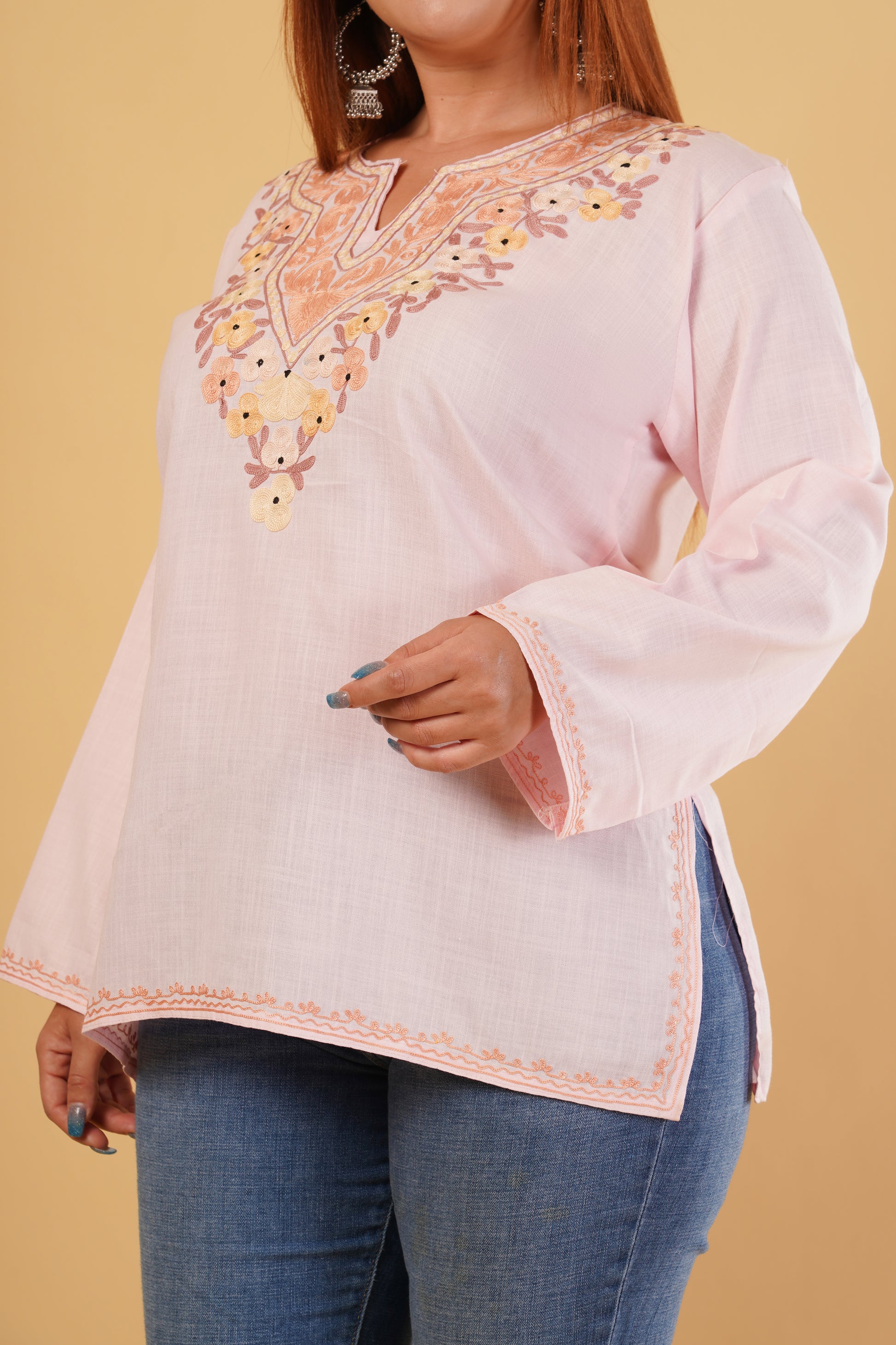 Kashmiri Aari embroidery Cotton Short Kurti Size-44(Baby Pink)