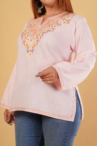 Kashmiri Aari embroidery Cotton Short Kurti Size-44(Baby Pink)