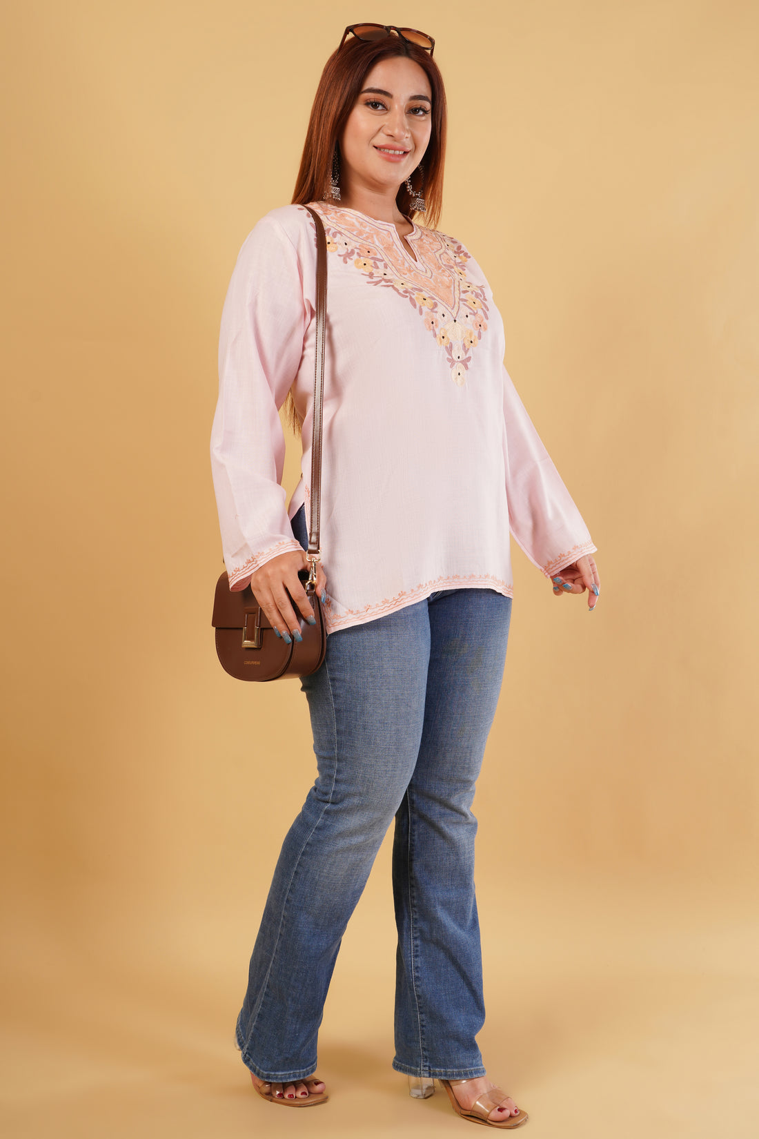 Kashmiri Aari embroidery Cotton Short Kurti Size-44(Baby Pink)