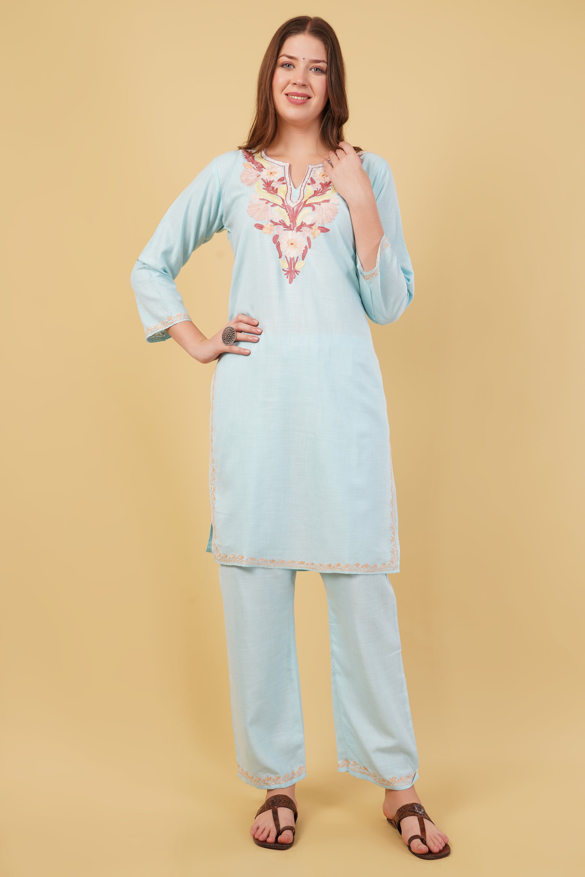 Kashmiri Aari embroidery Cotton Co-ord set Size-40 (Sky Blue)