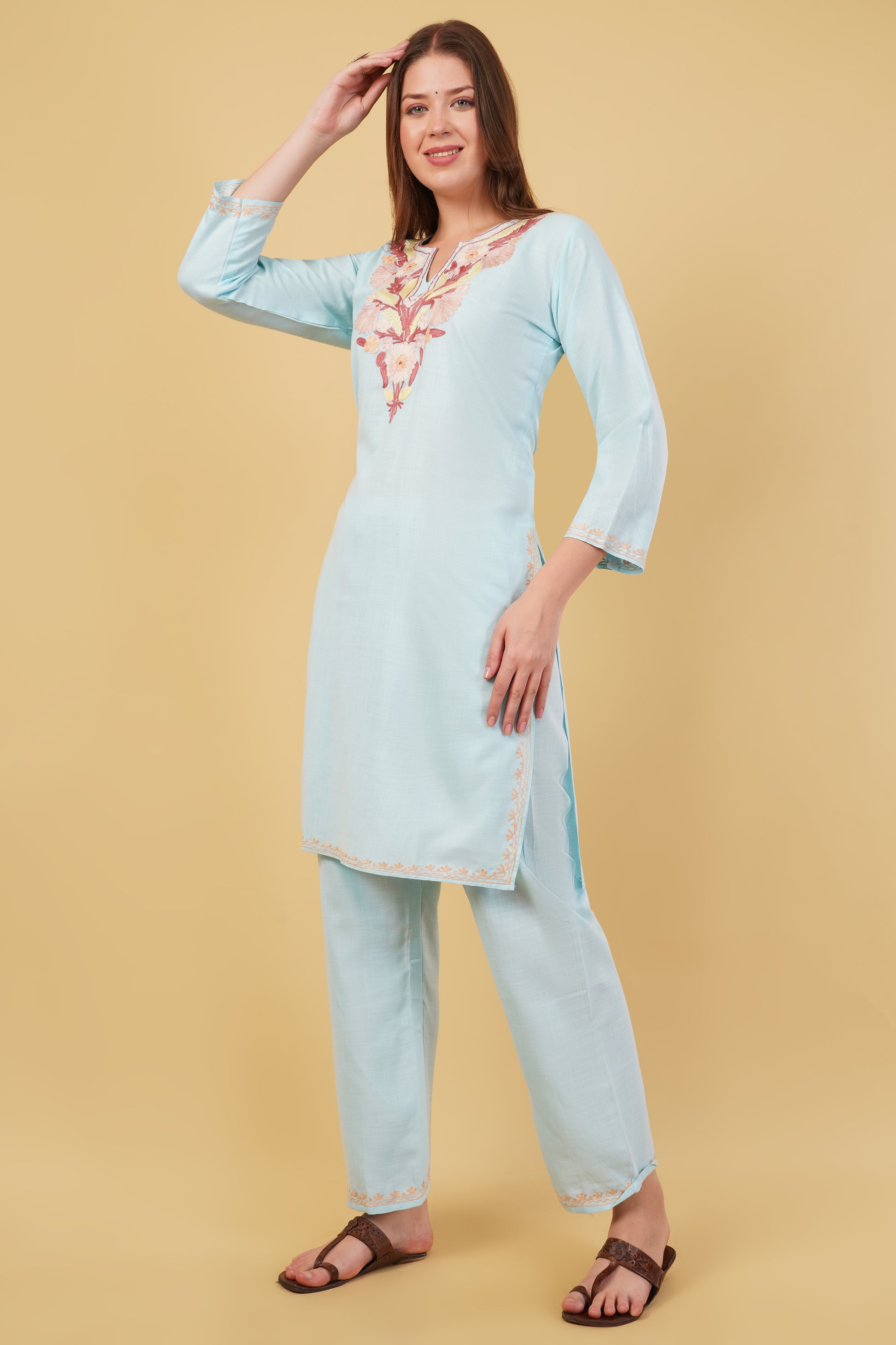 Kashmiri Aari embroidery Cotton Co-ord set Size-40 (Sky Blue)