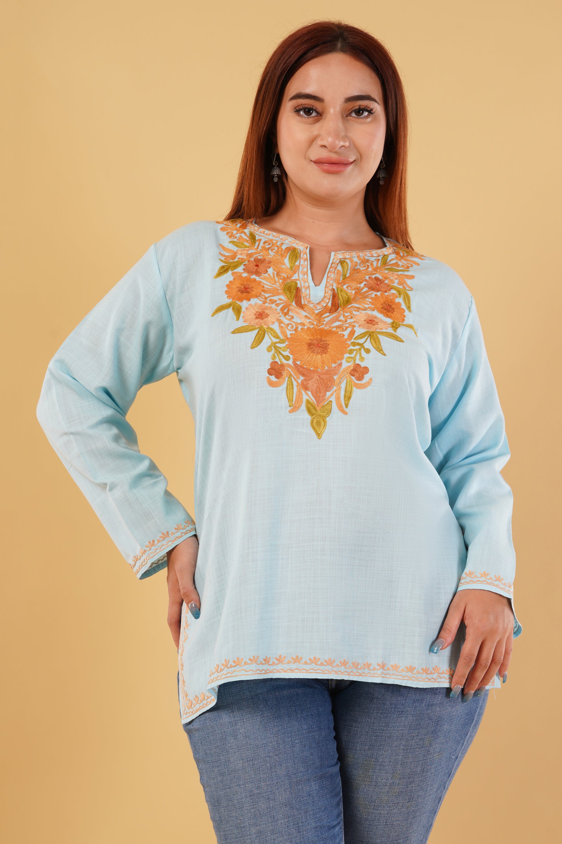 Kashmiri Aari embroidery Cotton Short Kurti Size-44(Sky Blue)