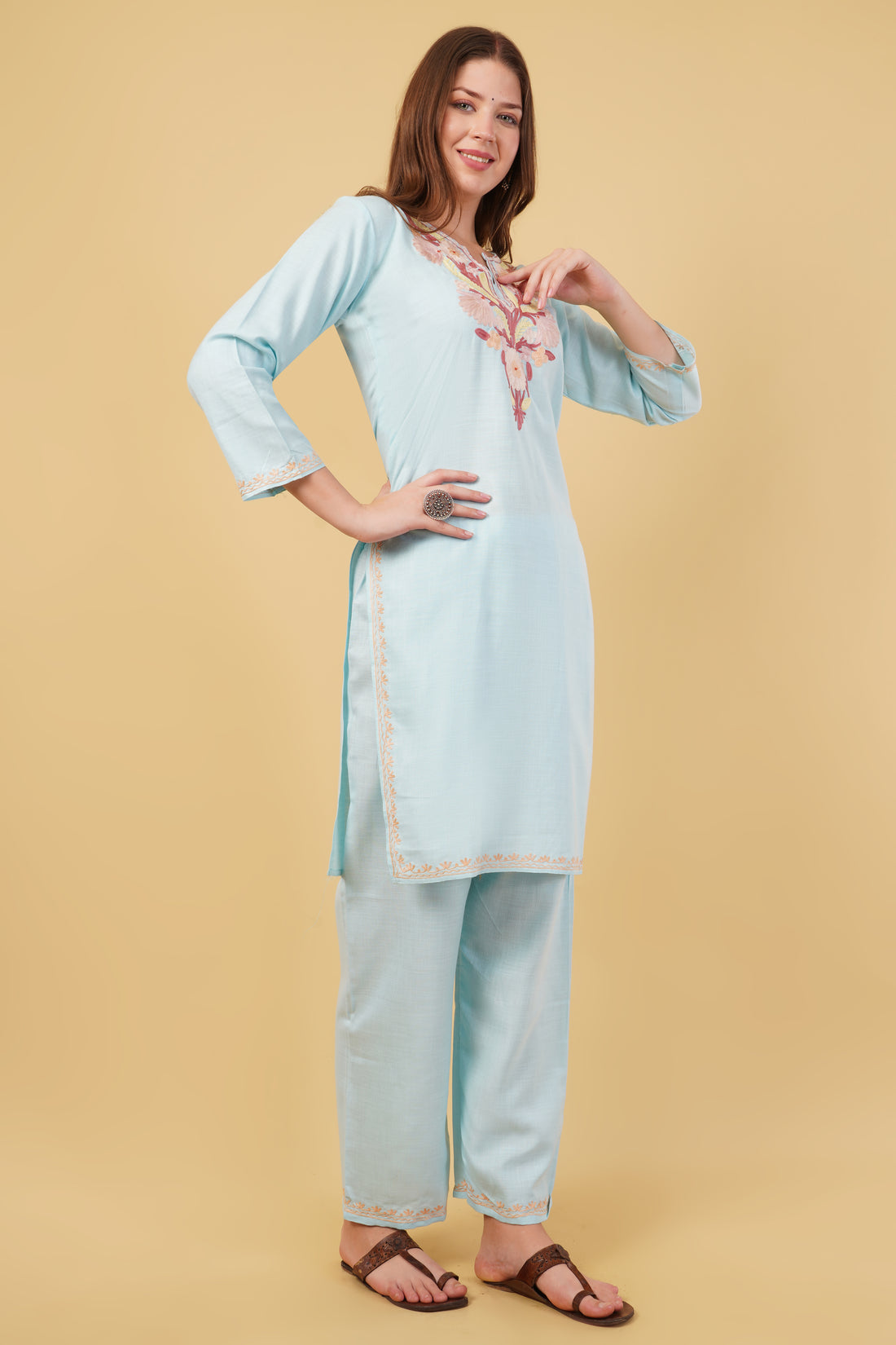 Kashmiri Aari embroidery Cotton Co-ord set Size-40 (Sky Blue)