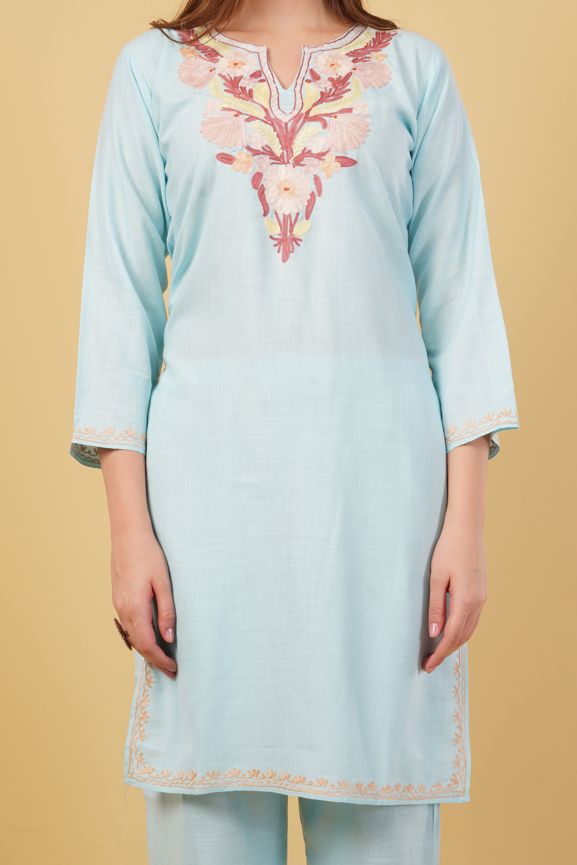Kashmiri Aari embroidery Cotton Co-ord set Size-40 (Sky Blue)