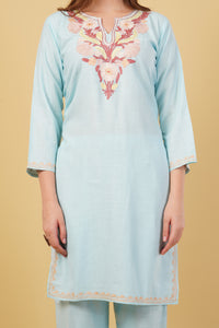 Kashmiri Aari embroidery Cotton Co-ord set Size-40 (Sky Blue)