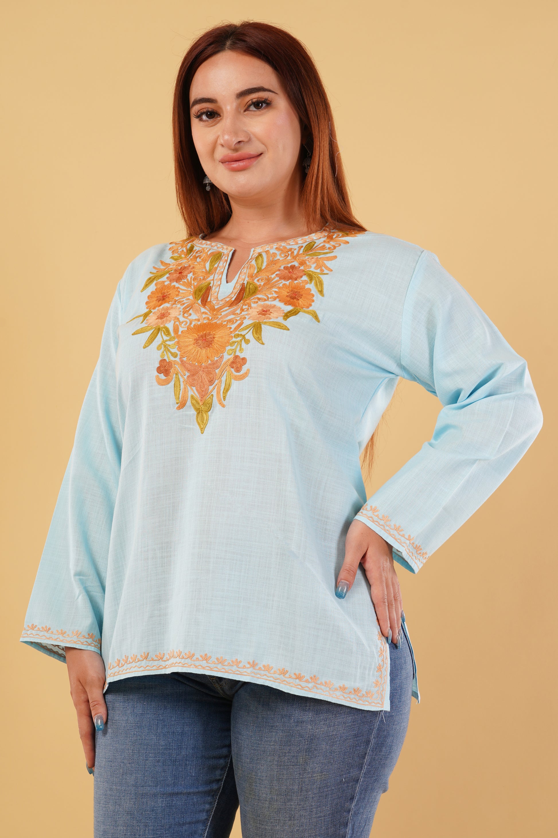 Kashmiri Aari embroidery Cotton Short Kurti Size-44(Sky Blue)