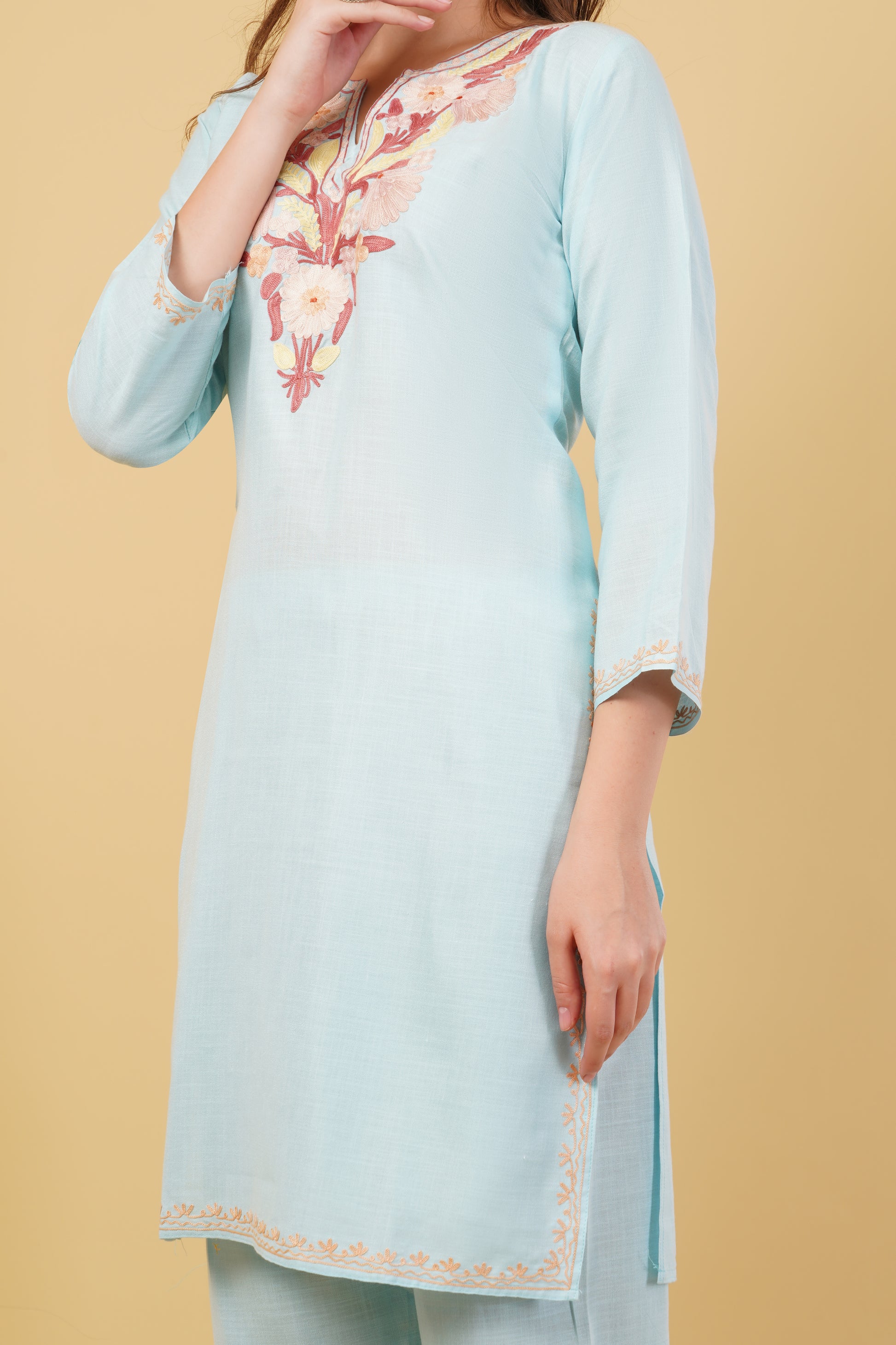 Kashmiri Aari embroidery Cotton Co-ord set Size-40 (Sky Blue)