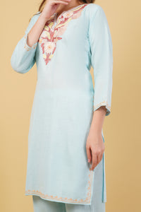 Kashmiri Aari embroidery Cotton Co-ord set Size-40 (Sky Blue)