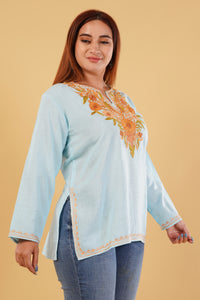 Kashmiri Aari embroidery Cotton Short Kurti Size-44(Sky Blue)