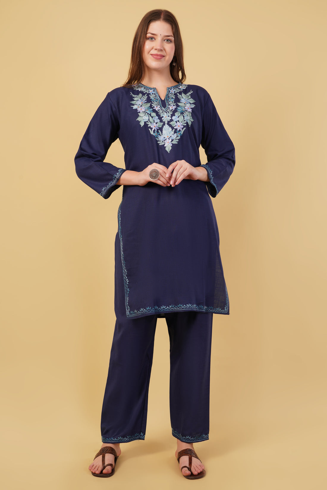 Kashmiri Aari embroidery Cotton Co-ord set Size-40 (Navy Blue)