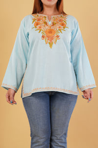 Kashmiri Aari embroidery Cotton Short Kurti Size-44(Sky Blue)