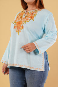 Kashmiri Aari embroidery Cotton Short Kurti Size-44(Sky Blue)