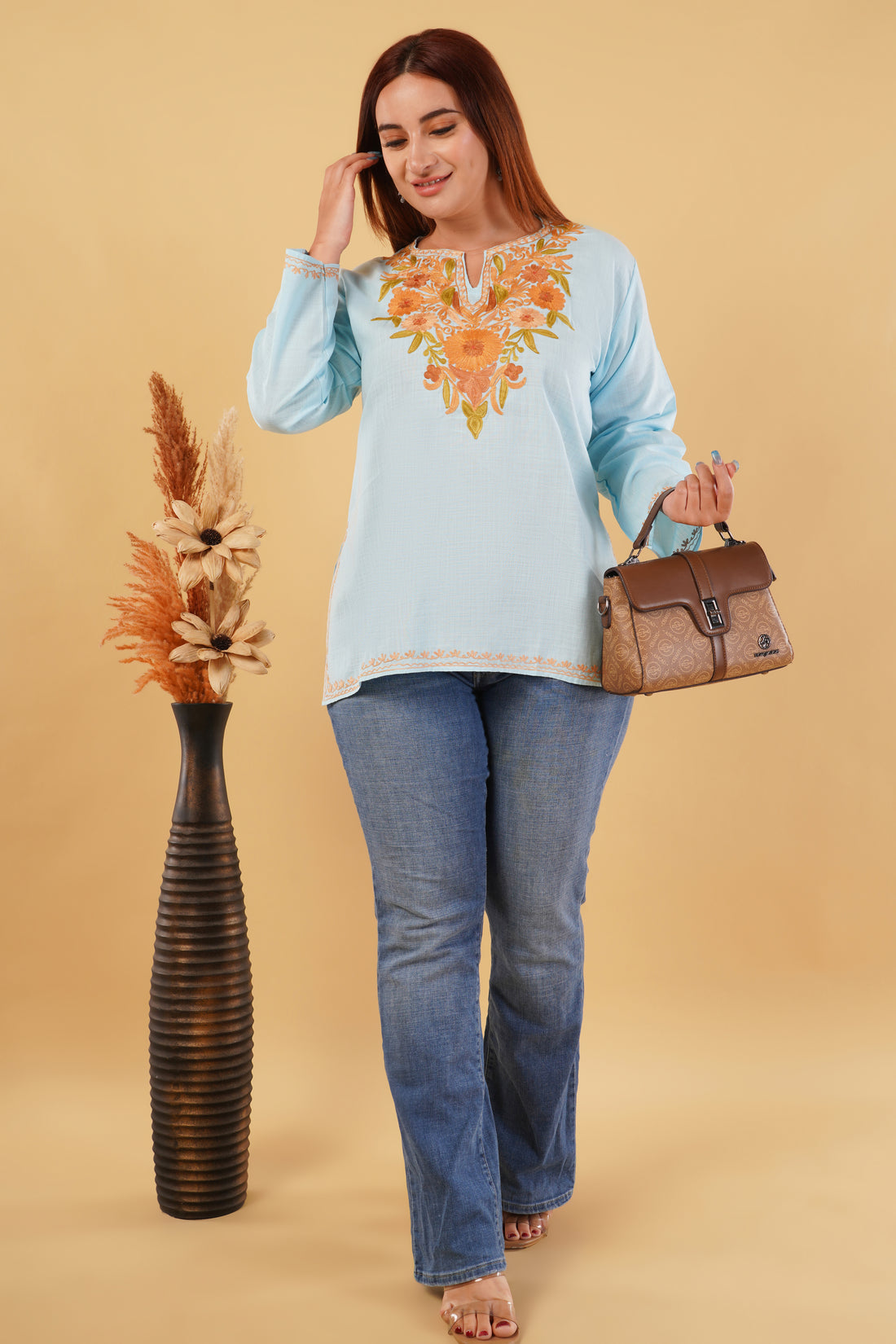 Kashmiri Aari embroidery Cotton Short Kurti Size-44(Sky Blue)