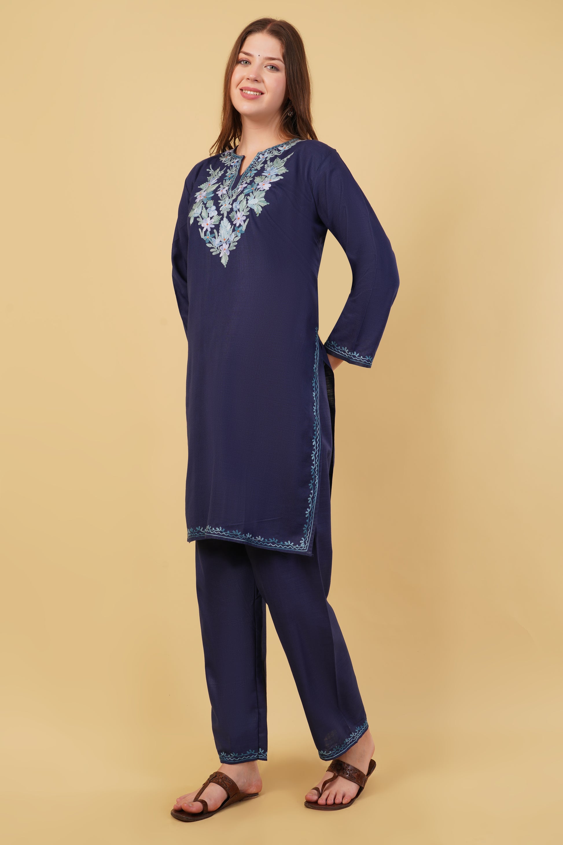Kashmiri Aari embroidery Cotton Co-ord set Size-40 (Navy Blue)