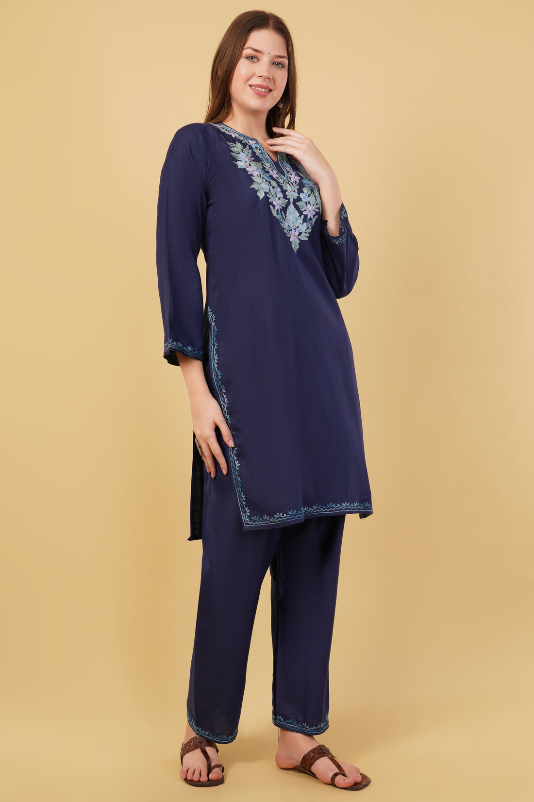Kashmiri Aari embroidery Cotton Co-ord set Size-40 (Navy Blue)