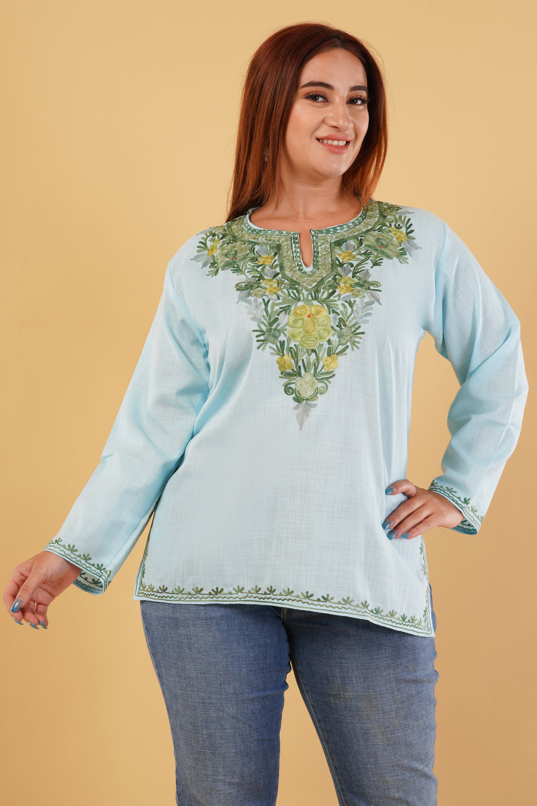 Kashmiri Aari embroidery Cotton Short Kurti Size-44(Sky Blue)