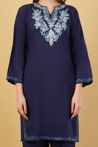 Kashmiri Aari embroidery Cotton Co-ord set Size-40 (Navy Blue)