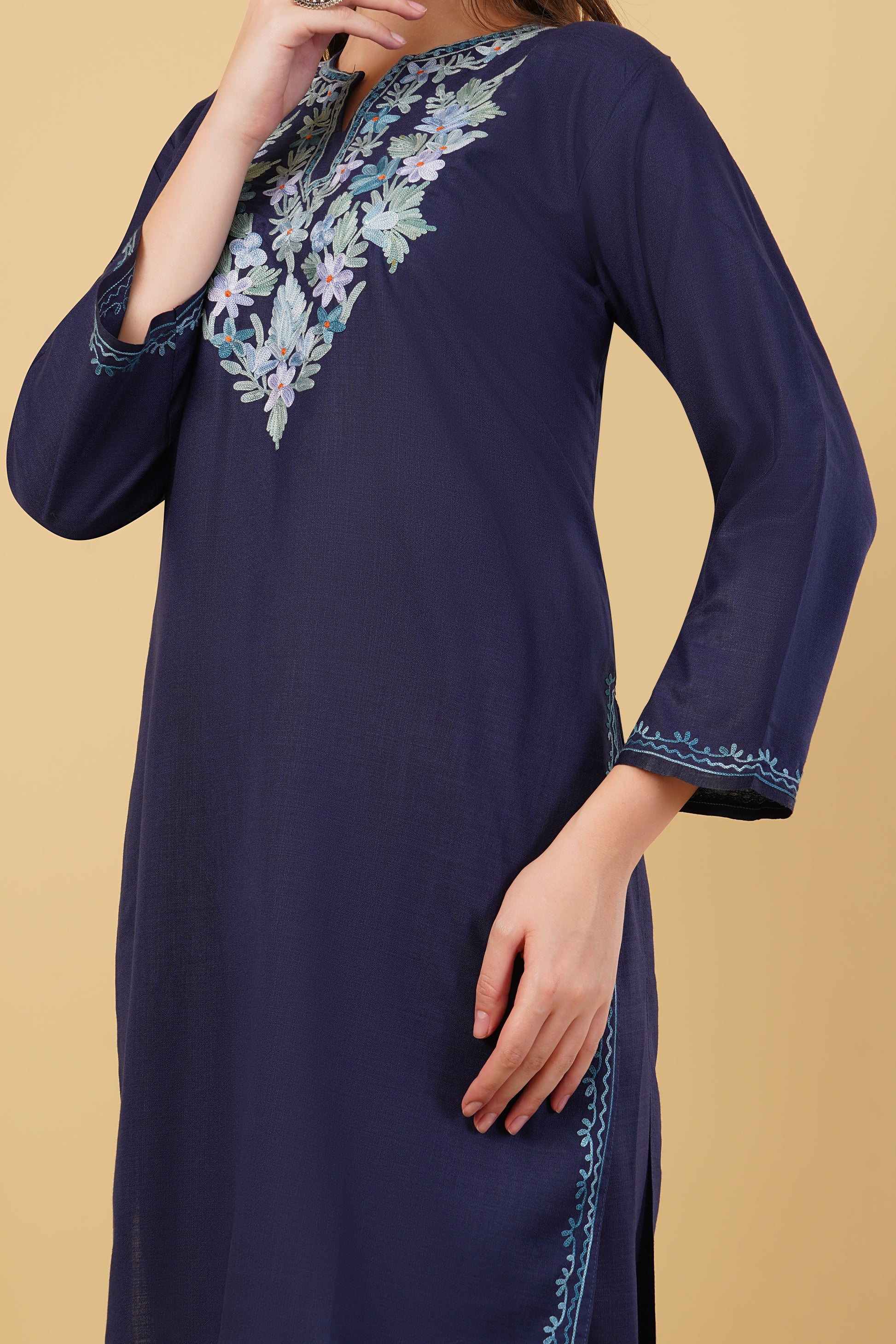 Kashmiri Aari embroidery Cotton Co-ord set Size-40 (Navy Blue)
