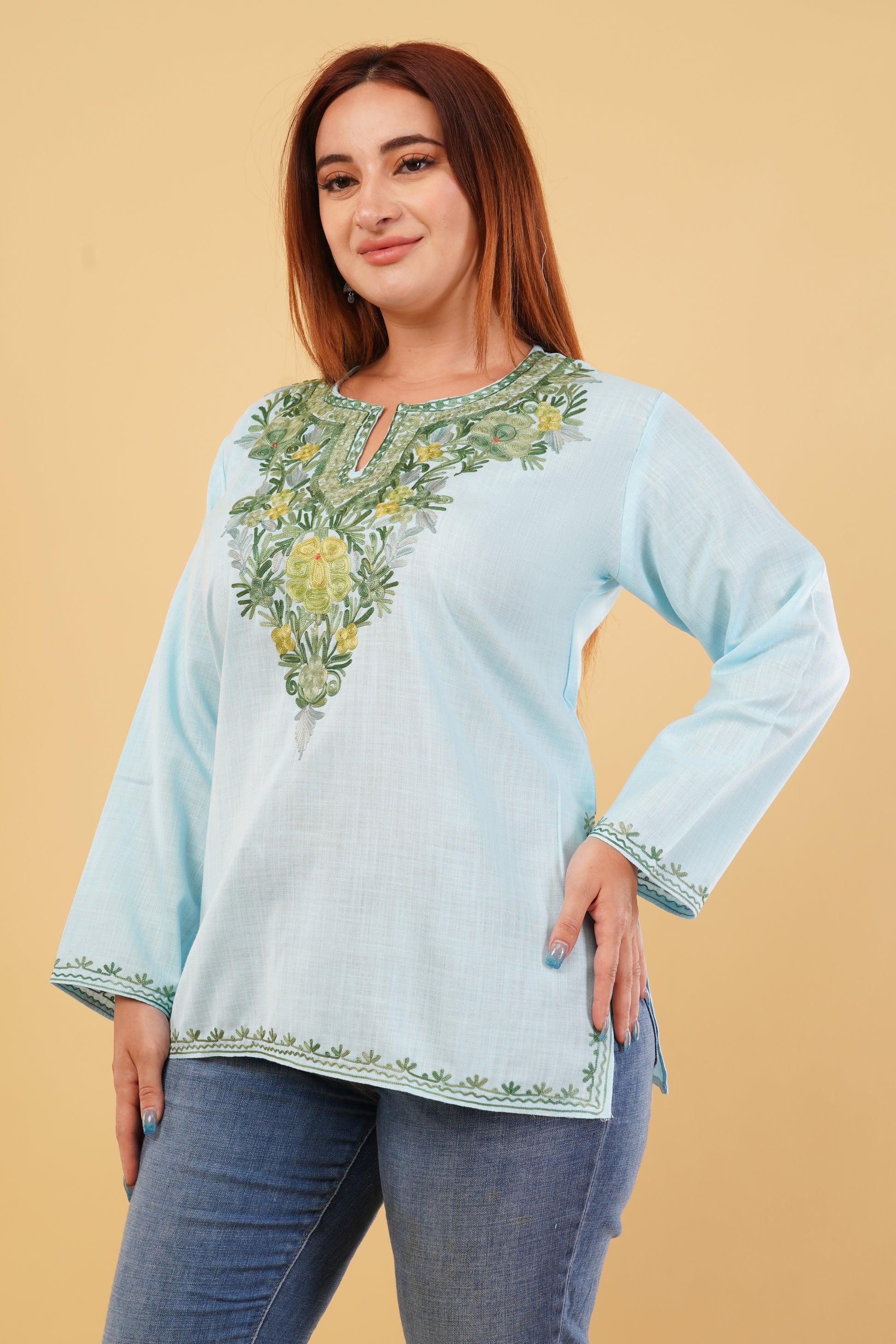 Kashmiri Aari embroidery Cotton Short Kurti Size-44(Sky Blue)