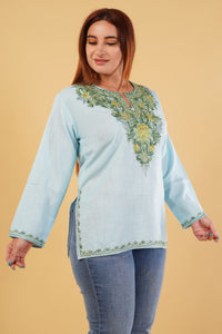 Kashmiri Aari embroidery Cotton Short Kurti Size-44(Sky Blue)