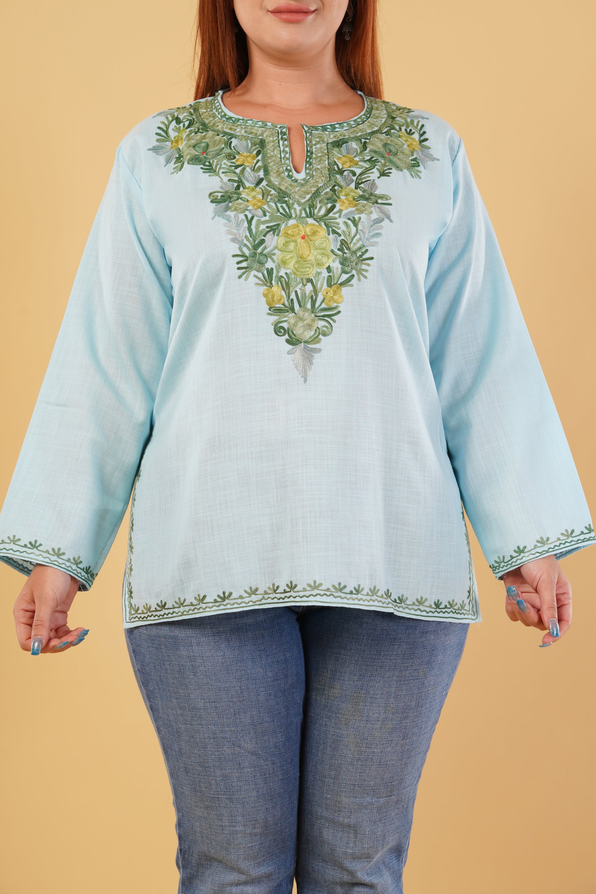 Kashmiri Aari embroidery Cotton Short Kurti Size-44(Sky Blue)