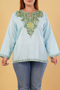 Kashmiri Aari embroidery Cotton Short Kurti Size-44(Sky Blue)