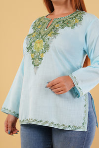 Kashmiri Aari embroidery Cotton Short Kurti Size-44(Sky Blue)