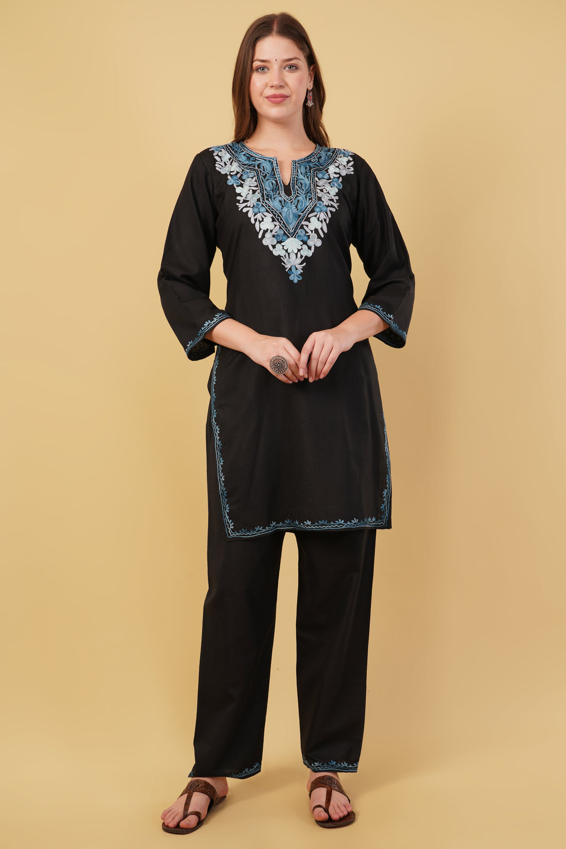 Kashmiri Aari embroidery Cotton Co-ord set Size-40 (Black)