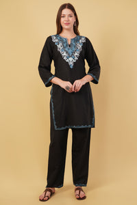 Kashmiri Aari embroidery Cotton Co-ord set Size-40 (Black)