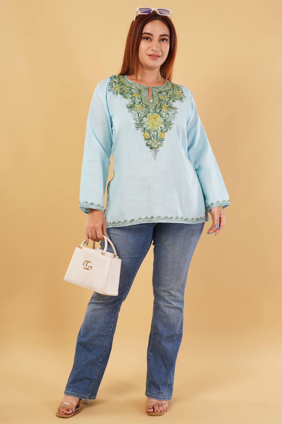 Kashmiri Aari embroidery Cotton Short Kurti Size-44(Sky Blue)